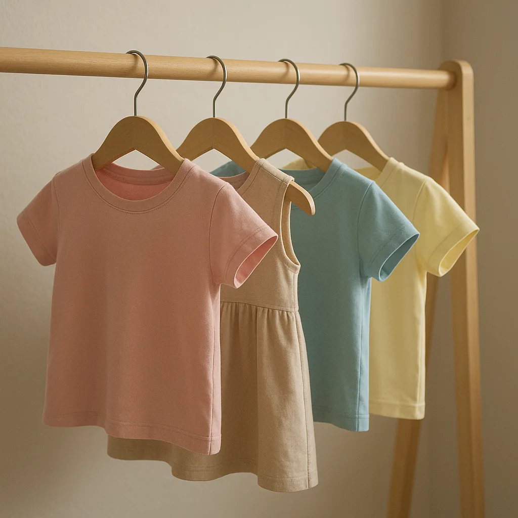 Camiseta, vestido e conjuntinho de criança em cabides pequenos