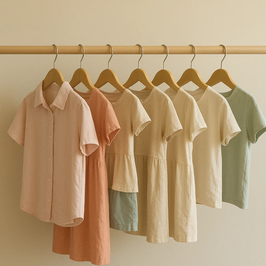 Arara de madeira com roupas coloridas de adulto e de criança em cabides